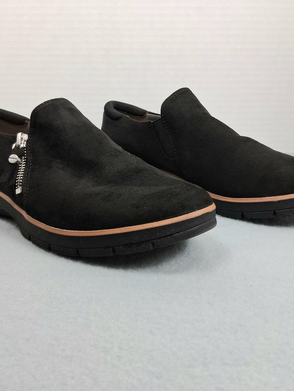 Dr. Scholl's Black Suede Slip-On Ankle Booties with Brown Trim